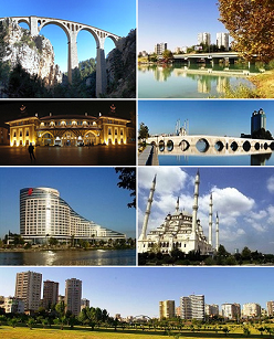 أول يسار: Varda Viaduct، أول يمين: منتزه Dilberler Sekisi في Seyhan، ثاني يسار: محطة أضنة، ثاني يمين:Taşköprü، ثالث يسار: شيراتون أضنة، ثالث يمين: جامع صبانجي المركزي، رابع أسفل: حي من البيوت البيضاء.