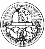 Woman seated on a pedestal, holding the scales of justice. At the pedestal's foot are the western and eastern hemispheres and a laurel wreath