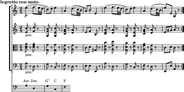  { <<
 \new ChoirStaff <<
  \relative c' { \magnifyStaff #3/4 \set Staff.midiInstrument = #"violin" \p
   \set Score.tempoHideNote = ##t \tempo 4 = 60 \time 2/4
   \mark \markup { \abs-fontsize #10 { \bold { Allegretto con moto} } }
    \repeat volta 2 { 
    e'4( f8. e32 d | c8) d-. e4 | a, d8.( c32 b | a8) b-. e,4 |
    e'( f8. e32 d | c8) d-. e4 | a, d8.( c32 b | e8) e, a, r }
   }
  \relative c' { \magnifyStaff #3/4 \set Staff.midiInstrument = #"pizzicato strings" 
   \time 2/4
    <e c'>8_"pizz." r <f d'> r | <g, f' b> r <g e' c'> r | <c f a> r <d a'> r | e f b, r |
    <c e a> r <d a'> r | <g, f' b> r <g e' c'> r | <c f a> r <d a'> r | e gis a r |
   }
  \relative c' { \magnifyStaff #3/4 \set Staff.midiInstrument = #"pizzicato strings" 
   \clef C \time 2/4
    <c e a>8_"pizz." r <d f a> r | <g, g'> r <g g'> r | <a f'> r <a f'> r | c d gis, r |
    <a e' c'> r <a f' d'> r | <g d' b'> r <g e' c'> r | <a f' a> r <a f'> r | c d c r |
   }
  \relative c' { \magnifyStaff #3/4 \set Staff.midiInstrument = #"pizzicato strings" 
   \clef F \time 2/4
    a8_"pizz." r d, r | g r c, r | f r d r | e e e, r |
    a' r d, r | g r c, r | f r d r | e, e' a, r |
   }
 >> 
 \new Staff = "chords" \with {
      \omit TimeSignature
      \magnifyStaff #3/4
    } \relative c' 
 { \hide Staff.KeySignature \clef F
 { \hide Stem a8 s d, s g s c, s f s }} 
\addlyrics \with { alignAboveContext = "chords" \override VerticalAxisGroup.nonstaff-relatedstaff-spacing =
      #'((basic-distance . 3)) } { \override LyricText.font-size = #-2 Am Dm \markup{\concat{G\super{7}}} C F }
>>
 }
\layout { line-width = #150 }
