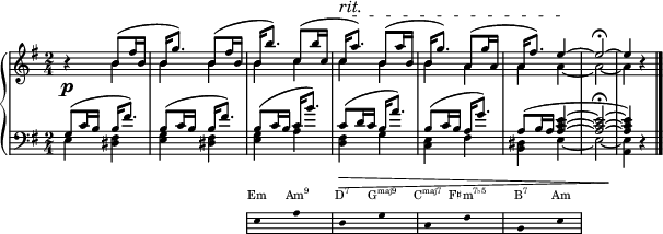  { <<
  \new Dynamics {
    s2 s s4 s \tempo 8 = 87 s-"rit." \tempo 8 = 82 s \tempo 8 = 77 s \tempo 8 = 72 s
  }
 \new PianoStaff <<
  \new Staff \with{ \magnifyStaff #3/4 } << 
   \new Voice \relative c' {
   \key e \minor \set Score.tempoHideNote = ##t \tempo 8 = 92 \time 2/4 \stemUp \slurUp \tieUp
    r4 b'8( fis'16 b, | b g'8.) b,8( fis'16 b, | b b'8.) c,8( b'16 c, | c a'8.^\startTextSpan) b,8( a'16 b, | b g'8.) a,8( g'16 a, | a fis'8.) e4 ~ \stopTextSpan e2 \fermata ~ e4 r \bar "|."
   }
   \new Voice \relative c' {
   \stemDown \tieDown
    s4 b'4 b b b c c b b a a a ~ a2 ~ a4 s4
   }
  \new Dynamics {
    \p
  }
  \new Staff \with{ \magnifyStaff #3/4 } <<
   \new Voice \relative c' { 
    \key e \minor \clef F \time 2/4 \stemUp \slurUp \tieUp
    g8( c16 b b fis'8.) | b,8( c16 b b fis'8.) | b,8( c16 b c b'8.) | c,8( d16 c b a'8.) | b,8( c16 b a g'8.) | a,8( b16 a ~ <a c e>4 ~ <a c e>2 \fermata ~ <a c e>4) r | 
   }
   \new Voice \relative c' { 
    \stemDown \tieDown
    e,4 <dis fis> | <e g> <dis fis> | <e g> a | <d, fis> g | <c, e> fis | <b, dis> e4 ~ e2 ~ <a, e'>4 s
   }
  \new Dynamics {
    s2 s s s\> s s s s \!
  }
 >> >> >>
 \new Staff = "chords" \with {
      \omit TimeSignature
      \magnifyStaff #2/3
    } \relative c' 
 { \hide Staff.KeySignature \hide Staff.Clef \key e \minor \clef bass
 { \hide Stem \stopStaff \once \hide \p s2 s \startStaff e,8 s a s d, s g s c, s fis s b, s e s \stopStaff}} 
\addlyrics \with { alignAboveContext = "chords" \override VerticalAxisGroup.nonstaff-relatedstaff-spacing = #'((basic-distance . 3)) } { \override LyricText.font-size = #-3 Em \markup{\concat{Am\super{9}}} \markup{\concat{D\super{7}}} \markup{\concat{G\super{maj9}}} \markup{\concat{C\super{maj7}}} \markup{\concat{F♯m\super{7♭5}}} \markup{\concat{B\super{7}}} Am}
>>
 }
\layout { line-width = #150 }
