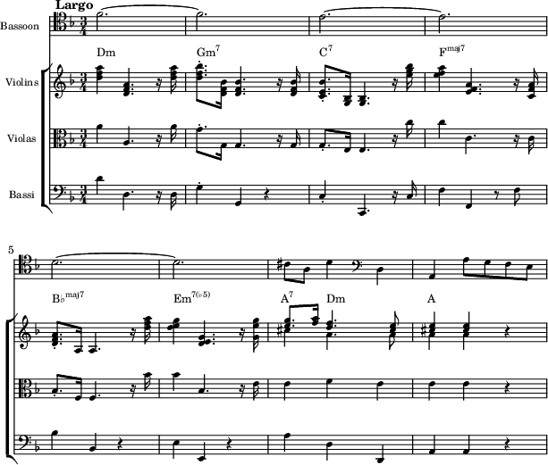  {<<
 \new Staff \with{ \magnifyStaff #3/4 instrumentName = "Bassoon" } \relative c' { 
   \set Staff.midiInstrument = #"bassoon" \key f \major \clef tenor \time 3/4
   \mark \markup { \abs-fontsize #10 { \bold { Largo } } }
   f2. ~ | f | e ~ | e | \break
   d ~ | d | cis8 a d4 \clef F d, | a a'8 g f e
} 
 \new ChoirStaff <<
  \new Staff = "chords" \with{ \magnifyStaff #3/4 instrumentName = "Violins" } <<
    \new Voice \relative c' { 
    \set Staff.midiInstrument = #"violin" \key f \major \clef treble
    <d' f a>4 <d, f a>4. r16 <d' f a> | <d f bes>8.-. <d, f bes>16 <d f bes>4. r 16 <d f bes> |
    <c e bes'>8.-. <g bes>16 <g bes>4. r16 <e'' g bes> | <e f a>4 <e, f a>4. r16 <c f a> |
    <d f a>8.-. a16 a4. r16 <d' f a> | <d e g>4 <d, e g>4. r16 <g e' g> |
    \stemUp <e' g>8.-. <f a>16 <d f>4. <cis e>8 | <cis e>4 <cis e> r
} 
    \new Voice \relative c' { 
    s2. s s s s s | \stemDown cis'4 a4. a8 | a4 a s
} >>
  \new Staff \with{ \magnifyStaff #3/4 instrumentName = "Violas"} \relative c' { 
    \set Staff.midiInstrument = #"viola" \key f \major \clef C
    a'4 a,4. r16 a' | g8.-. g,16 g4. r16 g | g8.-. e16 e4. r16 c'' | c4 c,4. r16 c |
    bes8.-. f16 f4. r16 bes' | bes4 bes,4. r16 e | e4 f e | e e r
} 
  \new Staff \with{ \magnifyStaff #3/4 instrumentName = "Bassi"} \relative c' { 
    \set Staff.midiInstrument = #"cello" \key f \major \clef F
    d4 d,4. r16 d | g4-. g, r | c-. c,4. r16 c' | f4 f, r8 f' |
    bes4 bes, r | e e, r | a' d, d, | a' a r
} 
 \addlyrics \with { alignAboveContext = "chords" } { \override LyricText.font-size = #-1.5 Dm  _ _ \markup{\concat{Gm\super{7}}} _ \markup{\concat{C\super{7}}} _ _ \markup{\concat{F\super{maj7}}} _ _ \markup{\concat{B♭\super{maj7}}} _ \markup{\concat{Em\super{7(♭5)}}} _ \markup{\concat{A\super{7}}} Dm _ A }
>> >> }
\layout {
  indent = 1.0\cm
  line-width = #150
}
