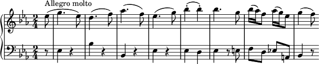 \new PianoStaff <<
\set PianoStaff.instrumentName = #""
\new Staff = "upper" \relative c'' {
\clef treble
\key ees \major
\time 2/4
\partial 8 ees8(^\markup {Allegro molto} g4. ees8) d4.( f8) aes4.( f8) ees4.( g8) bes4-.( bes-.) bes4. g8
bes16( aes) f8 aes16( g) ees8 g4( f8)
}
\new Staff = "lower" \relative c {
\clef bass
\key ees \major
\time 2/4
r8 ees4 r bes' r bes, r ees r ees d ees r8 e f d ees! a, bes4 r8
}
>>