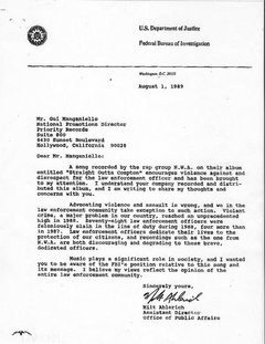 FBI letter to Priority Records about N.W.A.