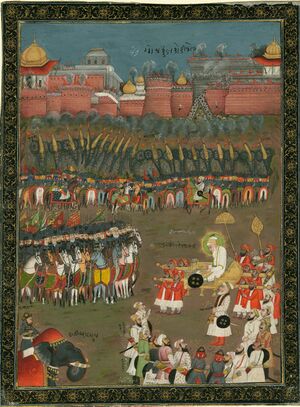 Emperor Aurangzebe at the siege of Golconda, 1687.jpeg