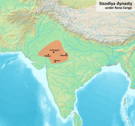 The Kingdom of Mewar at its greatest extent under the Sisodiya dynasty during the reign of Rana Sanga.