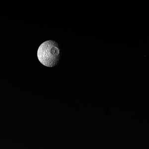 An image of Mimas taken by Voyager 1 from a distance of 550,000 km (340,000 miles) on November 12, 1980[36] during its flyby of Saturn.