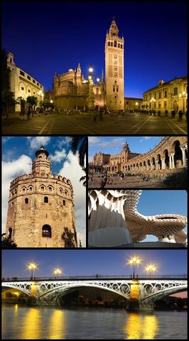 في اتجاه عقارب الساعة من أعلى: كاتدرائية إشبيلية, Plaza de España, Metropol Parasol، جسر إيزابلا الثانية، Torre del Oro.