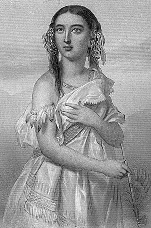 A black and white drawing of a young dark-haired Native American woman turning to her right. She is holding a pipe in her right hand.