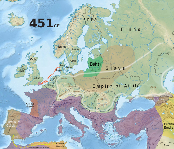 A colored drawing of Europe in 451 A.D., showing the borders of states at the time of Attila by different colors, with the Roman Empire in purple, and the Hunnic Confederation by name