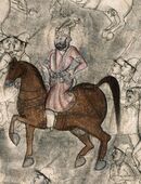 A painting of a man on horseback fighting at a battlefield