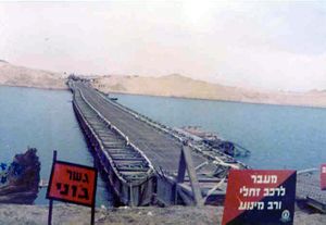 A floating bridge over a canal. Signs are in Hewbrew.