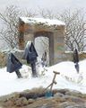 Graveyard under Snow (1826). 31 × 25 cm. Museum der bildenden Künste, Leipzig. Friedrich sketched memorial monuments and sculptures for mausoleums, reflecting his obsession with death and the afterlife. He also created some of the funerary art in Dresden's cemeteries.[14]