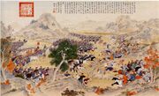 Battle of Qurman, 1759. General Fu De, on his way to relieve the siege of Khorgos, was suddenly attacked by an enemy force of 5,000 Muslim cavalry and with less than 600 men Fu De defeated the Muslims. By Jean-Damascène Sallusti.