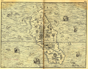 1565 map of Sumatra with south orientation on top, showing "Terre Laru" on center-lower left
