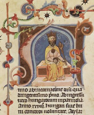 Chronicon Pictum, Attila, Hun, Hungarian, King, crown, cloak, throne, scepter, medieval, chronicle, book, illumination, illustration, history