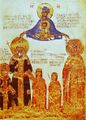 Miniature depicting a young John VIII (far left) with his family, ح. 1404.