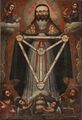 An anonymous 18th century Catholic painting from the Peruvian Cuzco School. This work depicts the Holy Triune God; one in essence, with three persons; holding the theological diagram of the Shield of the Trinity.