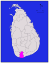 Area map of Matara District, roughly rectangular in shape and extending inwards from the southern coast, in the Southern Province of Sri Lanka