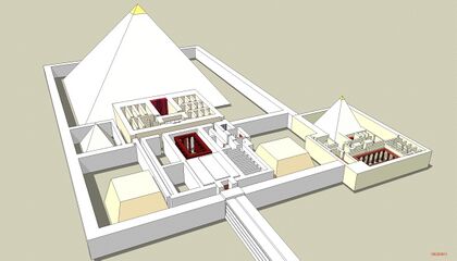 Drawing of a pyramid surrounded by a wall. A building with many rooms extends from one side of the pyramid, and at the opposite end of the building a causeway extends out of the frame.