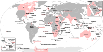 Map of the world. Canada, the eastern United States, countries in east Africa, India, most of Australasia and some other countries are highlighted in pink.