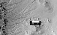 Gullies. Notice how channels curve around obstacles, as seen by HiRISE.