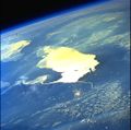 Lake Erie from space, looking from the west. Lake Ontario is to the upper-left, with Lake St. Clair and the southern tip of Lake Huron at center-left.