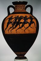 Panathenaic prize amphora for runners; 530 BCح. 530 BC; terracotta; height: 62.2 cm (241⁄2 in.); Metropolitan Museum of Art (New York City)