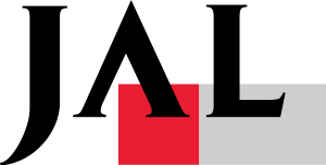 JAL in black letter with a red square and grey rectangler box on the lower right