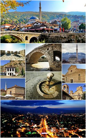 من أعلى (من اليسار إلى اليمين): البلدة القديمة في پريزرن، الحصن، Old Stone Bridge, Prizren، مسجد سنان پاشا، عصبة پريزرن Building, Shadervan Square, Cathedral of Our Lady of Perpetual Succour، حمام الغازي محمد پاشا، Our Lady of Ljeviš ومشهد پانورامي للمدينة كما تبدو من القلعة في المساء.