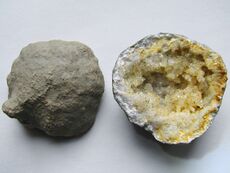 Keokuk geode showing the exterior shell and interior. cavity