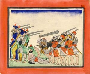 A color painting which shows two armies, one wearing green/blue and the other wearing orange, waging combat. A headless soldier who continues to fight after decapitating an opponent can be seen