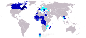 الأعضاء والمشاركون في المنظمة الدولية لللفرانكفونية. بالإضافة للبلدان، Belgian and Canadian subdivisional memberships are also represented.