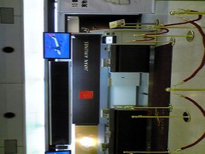 An airport check-in counter in black colour theme, with Japan Airlines written in capitals in white colour. There is a black carpet with the extra large letter 'F' in script font and 'JAL First Class' in smaller font, both in gold colour. The foreground has gold coloured poles with red velvet ropes
