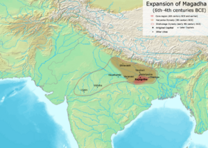 The approximate extent of the Haryanka dynasty between the 6th and 5th century BCE.[1]