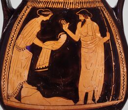 Rhea handing Cronus a swaddled stone