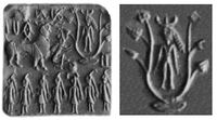 Horned deity with one-horned attendants on an Indus Valley seal. Horned deities are a standard Mesopotamian theme. 2000-1900 BCE. Islamabad Museum.[35][web 2][36][37]