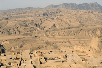 A landscape of loess soil in China. Loess originated as windblown silt. It is very fertile but erodes easily.