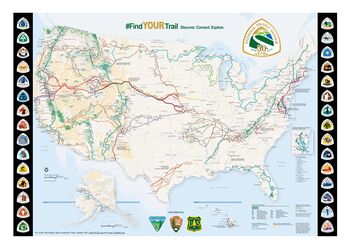 Map of the United States with trail routes marked and trail logos bordering it