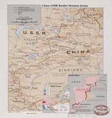 Map of the western China-USSR border showing the Pamir area (41،000 km2 (16،000 sq mi)) claimed by China. "This section shown as 'Indefinite' on Chinese maps, 'Definite' on Russian maps. Based on 1895 Anglo-Russian treaty." (1977)