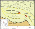 Location of Transhimalaya which includes Lhasa Terrane. In the north, Bangong-Nujiang Suture Zone separates Transhimalaya from the Qiangtang terrane. In the south, Indus-Yarlung suture zone separates it from Himalayas.