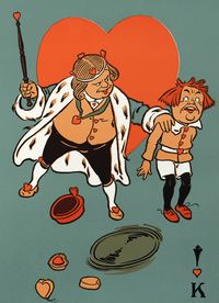 رجل مرتدٍ تاجًا ماسكًا عصا في يده وصبي منفعل في اليد الأخرى