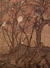 A portrait-oriented painting of four birds perched on a set of vertical branches originating from the same short tree. A fifth bird is hiding behind the base of the tree.