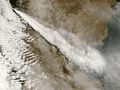 Ash cloud from the 2008 eruption of Chaitén volcano stretching across Patagonia into San Jorge Basin in the Atlantic Ocean