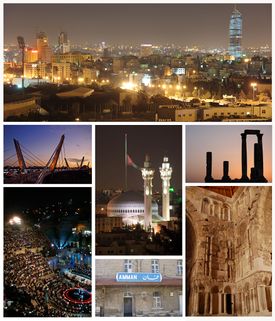 أفق المدينة كما يظهر من المدينة الرياضية، معبد هرقل في قلعة عمّان، القصر الأموي، محطة سكة حديد الحجاز العثمانية، المدرج الروماني ليلا، جسر عبدون المعلق، مسجد الملك المؤسس وخلفه سارية رغدان.