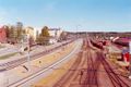 Facing North along the railway track (Russian broad gauge) from Helsinki into Mikkeli. The town is to the left and the lake, separated from the railway by a timber yard, is to the right