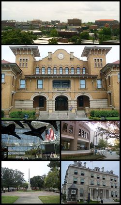 Clockwise from top: Pensacola skyline, T. T. Wentworth, Jr. Florida State Museum, University of West Florida Library, Escambia County Courthouse, William Dudley Chipley Obelisk, National Naval Aviation Museum
