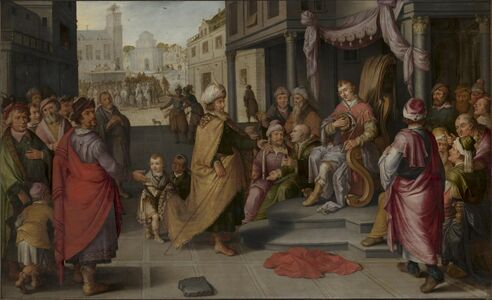 The Judgment of Cambyses by Claes Jacobsz van der Heck, 1620. Otanes takes his place on the seat with his father's skin hanging over the backrest. In front of him stands Cambyses. In the background, the flaying of Sisamnes is depicted.[3]