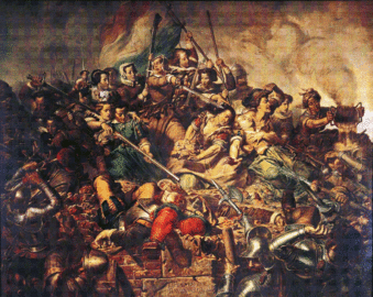 Kenau Simonsdochter Hasselaer defending the walls during the Siege of Haarlem (1572–1573)