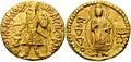 Gold coin of Kanishka I, with a depiction of the Buddha, with the legend "Boddo" بخط يوناني. Ahin Posh.