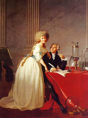 Full-length portraits of a man and a woman. The man is seated at a table covered with a bright red cloth, looking up at the woman, and she is looking out at the viewer. They occupy the bottom half of the painting, while the top half resembles marble and pillars. She is wearing a white dress with a blue sash and he is wearing a dark colored suit. Glass chemistry equipment sits on the table and on the floor.